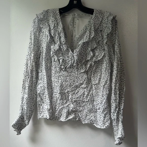 Anthropologie Hutch White Blue Open Back Smoke Ruffled Blouse - Picture 2 of 11